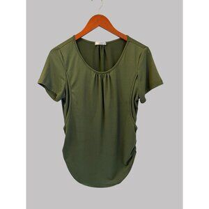 Womens Olive Green Short Sleeve Ruched Scoop Neck Top By Ekouaer M
